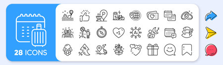 Pillow, Gift box and Fireworks rocket line icons. Interest rate, AI generate, Inflation icons. Pack of Heart, Ice cream, Discount icon. Smile face, Baggage calendar, Love tickets pictogram. Vectorのイラスト素材