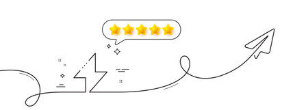 Energy line icon. Continuous line with share plane. Thunderbolt sign. Electric power symbol. Five star rate review in speech bubble. Energy single line ribbon. Loop curve pattern. Vectorのイラスト素材