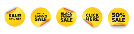 Sale sticker tag. 50 percent discount, Black friday paper price banners. Sale 30 percent off discount. Promotion price offer sign. Retail badge symbol. Click here sticker. Vectorのイラスト素材