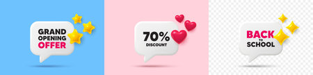 Discount chat speech bubble. 3d stars, sparkles, hearts chat bubbles. 70 percent discount tag. Sale offer price sign. Special offer symbol. Final sale, Back to school tag. Vectorのイラスト素材