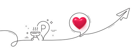 Grill place line icon. Continuous line with share plane. Barbecue cooker for cooking food sign. Hot meat brazier symbol. 3d heart in speech bubble. Grill place single line ribbon. Vectorのイラスト素材