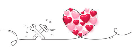 Spanner and hammer line icon. Continuous line big heart. Repair service sign. Fix instruments symbol. 3d hearts in heart shaped loop. Spanner tool single line ribbon. Loop curve pattern. Vectorのイラスト素材