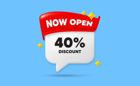 Discount chat speech bubble. Now open flag ribbon. 40 percent discount tag. Sale offer price sign....