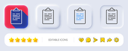 Clipboard document line icon. Neumorphic, Flat shadow, 3d buttons. Agreement file sign. Survey record symbol. Line clipboard icon. Social media icons. Vectorのイラスト素材