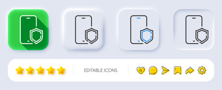 Phone protect line icon. Neumorphic, Flat shadow, 3d buttons. Smartphone app sign. Cellphone mobile device symbol. Line phone protect icon. Social media icons. Vectorのイラスト素材