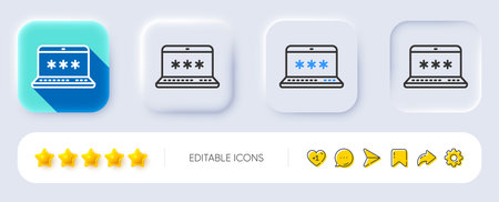 Laptop password line icon. Neumorphic, Flat shadow, 3d buttons. Cyber defence sign. Computer protection symbol. Line laptop password icon. Social media icons. Vectorのイラスト素材