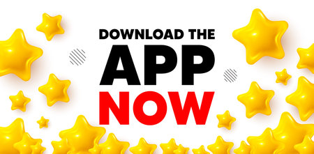 Download app winner banner with 3d stars. Golden stars banner. Download the app now. Web application sign. Get program software symbol. Review rate background. Vectorのイラスト素材