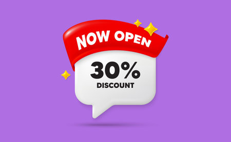 Discount chat speech bubble. Now open flag ribbon. 30 percent discount tag. Sale offer price sign....