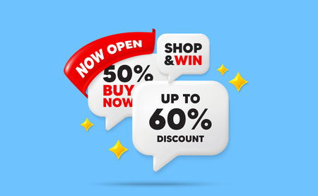 Discount tag speech bubbles. Now open flag ribbon. Up to 60 percent discount. Sale offer price sign. Special offer symbol. Save 60 percentages. Discount chat bubbles with 3d sparkles. Vectorのイラスト素材