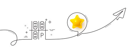 Parking place line icon. Continuous line with share plane. Car park sign. Transport symbol. 3d star...