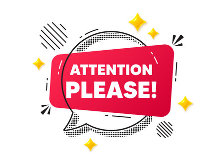 Attention please chat speech bubble. Social media concept. Attention please tag. Special offer sign. Important information symbol. Red chat message. Offer speech bubble. Glare 3d stars. Vectorのイラスト素材
