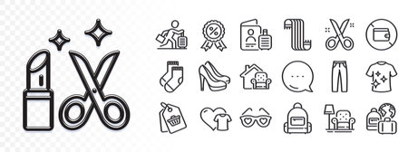 Armchair, Beauty and Clean t-shirt line icons for web app. Glare of light effect. Message icon. Pack of Backpack, Pants, Love glasses pictogram icons. Passport, Clothing, Wallet signs. Vectorのイラスト素材