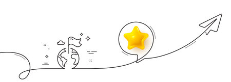 Flag on map line icon. Continuous line with share plane. Goal destination sign. Location pin symbol. 3d star in speech bubble. Destination flag single line ribbon. Loop curve pattern. Vectorのイラスト素材