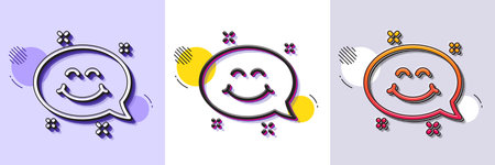 Smile chat line icon. Halftone dotted pattern. Gradient icon with grain shadow. Happy face sign. Emoticon speech bubble symbol. Line smile chat icon. Various designs. Vectorのイラスト素材