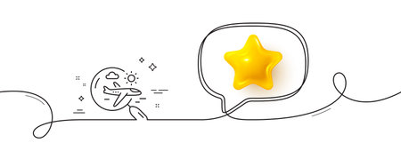 Airplane travel line icon. Continuous line with 3d star. Search trip flight sign. Holidays symbol. 3d star in speech bubble. Search flight single line ribbon. Loop curve pattern. Vectorのイラスト素材