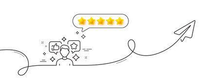 Social media line icon. Continuous line with share plane. Influence sign. Media specialist symbol. Five star rate review in speech bubble. Social media single line ribbon. Loop curve pattern. Vectorのイラスト素材