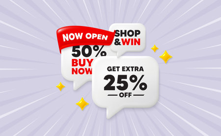 Extra discount speech bubbles. Now open flag ribbon. Get Extra 25 percent off Sale. Discount offer...