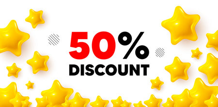 Discount winner banner with 3d stars. Golden stars banner. 50 percent discount tag. Sale offer price sign. Special offer symbol. Review rate background. Vectorのイラスト素材