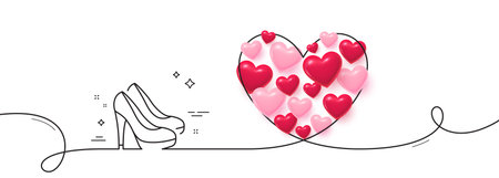 Women shoes line icon. Continuous line big heart. Female footwear sign. Fashion high heels symbol. 3d hearts in heart shaped loop. Shoes single line ribbon. Loop curve pattern. Vectorのイラスト素材