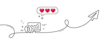 Bitcoin graph line icon. Continuous line with share plane. Cryptocurrency analytics sign. Crypto money statistics symbol. Hearts rate review in speech bubble. Bitcoin chart single line ribbon. Vectorのイラスト素材