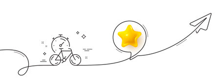 Bike timer line icon. Continuous line with share plane. Delivery bicycle transport sign. Outdoor transportation symbol. 3d star in speech bubble. Bike timer single line ribbon. Vectorのイラスト素材
