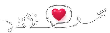 Coffee cup line icon. Continuous line with share plane. Hot cappuccino with cream sign. Tea drink mug symbol. 3d heart in speech bubble. Coffee cup single line ribbon. Loop curve pattern. Vectorのイラスト素材