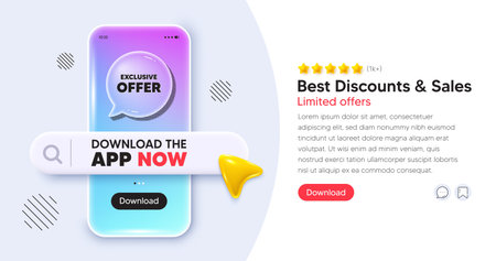 Exclusive offer mobile phone banner. App chat speech bubble. Exclusive offer tag. Sale price sign. Advertising discounts symbol. Phone template with search bar. Download the app now. Vectorのイラスト素材