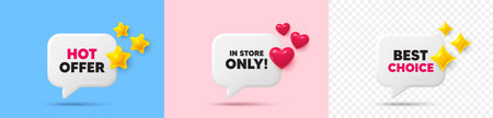 Store sale chat speech bubble. 3d stars, sparkles, hearts chat bubbles. In store sale tag. Special offer price sign. Advertising discounts symbol. Hot offer, best choice tag. Vectorのイラスト素材