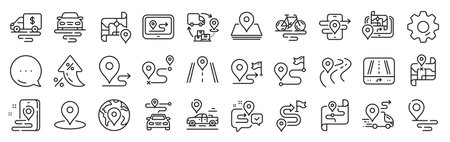 Road map line icons. Settings gear, Message, Inflation icons. Journey path, Route map and Trip distance. GPS street pin, Car route and Distance flag icons. Vectorのイラスト素材