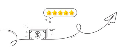 Cash money line icon. Continuous line with share plane. Banking currency sign. Dollar or USD symbol. Five star rate review in speech bubble. Banking single line ribbon. Loop curve pattern. Vectorのイラスト素材