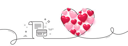 Payment credit card line icon. Continuous line big heart. Money by mail sign. Agreement conditions symbol. 3d hearts in heart shaped loop. Payment card single line ribbon. Loop curve pattern. Vectorのイラスト素材