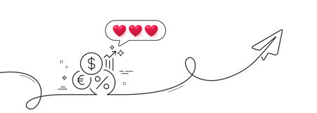 Inflation line icon. Continuous line with share plane. Money tax rate sign. Financial interest symbol. Hearts rate review in speech bubble. Inflation single line ribbon. Loop curve pattern. Vectorのイラスト素材