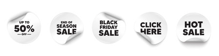 Discount tag sticker tag. Season sale, Black friday paper price banners. Up to 50 percent off sale. Discount offer price sign. Special offer symbol. Save 50 percentages. Click here sticker. Vectorのイラスト素材