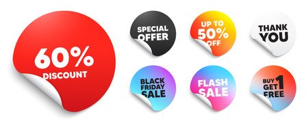 Discount red sticker tag. Special offer paper price tags. 60 percent discount tag. Sale offer price sign. Special offer symbol. Discount, black friday sticker. Promo banner. Vectorのイラスト素材