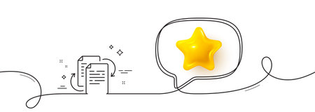 Documents workflow line icon. Continuous line with 3d star. Doc file page sign. Bureaucracy symbol. 3d star in speech bubble. Bureaucracy single line ribbon. Loop curve pattern. Vectorのイラスト素材