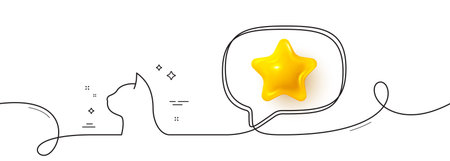 Pets care line icon. Continuous line with 3d star. Veterinary clinic sign. Cat health symbol. 3d star in speech bubble. Pets care single line ribbon. Loop curve pattern. Vectorのイラスト素材