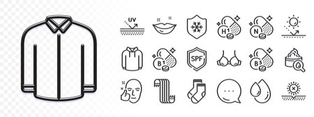 No sun, Healthy face and Socks line icons for web app. Glare of light effect. Message icon. Pack of Bra, Spf protection, Hoody pictogram icons. Uv protection, Clean skin, Oil drop signs. Vectorのイラスト素材