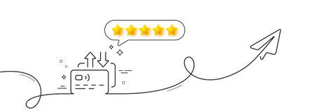 Credit card line icon. Continuous line with share plane. Send money payment sign. Finance transfer symbol. Five star rate review in speech bubble. Card single line ribbon. Loop curve pattern. Vectorのイラスト素材