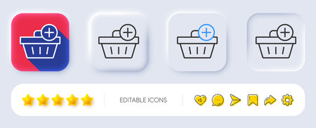 Add to Shopping cart line icon. Neumorphic, Flat shadow, 3d buttons. Online buying sign. Supermarket basket symbol. Line add purchase icon. Social media icons. Vectorのイラスト素材
