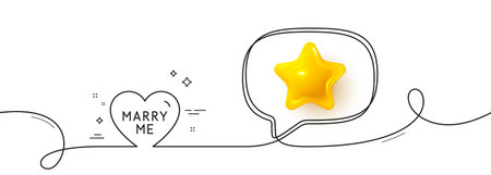 Marry me line icon. Continuous line with 3d star. Sweet heart sign. Wedding love symbol. 3d star in speech bubble. Marry me single line ribbon. Loop curve pattern. Vectorのイラスト素材