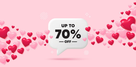 Discount tag chat speech bubble. 3d hearts pink background. Up to 70 percent off sale. Discount...