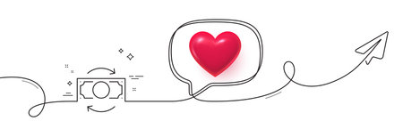 Change money line icon. Continuous line with share plane. Currency exchange sign. Transfer payment symbol. 3d heart in speech bubble. Change money single line ribbon. Loop curve pattern. Vectorのイラスト素材