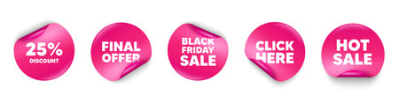 Discount sticker tag. Click here, Black friday paper price banners. 25 percent discount. Sale offer price sign. Special offer symbol. Hot sale sticker. Promo banners. Vectorのイラスト素材