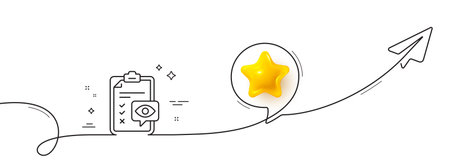 Eye checklist line icon. Continuous line with share plane. Oculist clinic sign. Optometry vision check symbol. 3d star in speech bubble. Eye checklist single line ribbon. Loop curve pattern. Vectorのイラスト素材