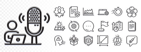 Trade chart, Vaccine message and Cogwheel line icons for web app. Glare of light effect. Message icon. Pack of Timer, Dice, Square area pictogram icons. Vectorのイラスト素材