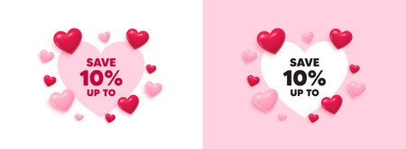 Discount heart shaped banner. 3d flying hearts. Save up to 10 percent. Discount Sale offer price sign. Special offer symbol. Valentines day greeting card. Cute 3d love hearts. Vectorのイラスト素材