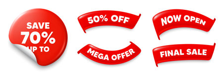 Discount sticker, Sale offer ribbons. Now open, Mega discount. Save up to 70 percent tag. Discount Sale offer price sign. Special offer symbol. Red sticker tag. Flag ribbon banners. Vectorのイラスト素材