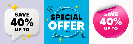 Discount speech bubble. 3d sparkles chat, Paper sticker. Save up to 40 percent. Discount Sale offer...