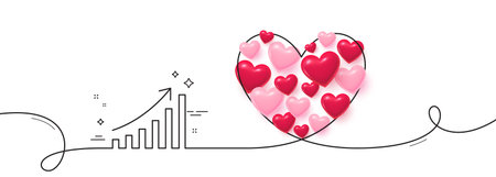 Graph line icon. Continuous line big heart. Column chart sign. Growth diagram symbol. 3d hearts in heart shaped loop. Graph chart single line ribbon. Loop curve pattern. Vectorのイラスト素材