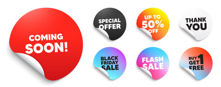 Coming soon red sticker tag. Special offer paper price tags. Coming soon tag. Promotion banner sign. New product release symbol. Discount, black friday sticker. Promo banner. Vectorのイラスト素材